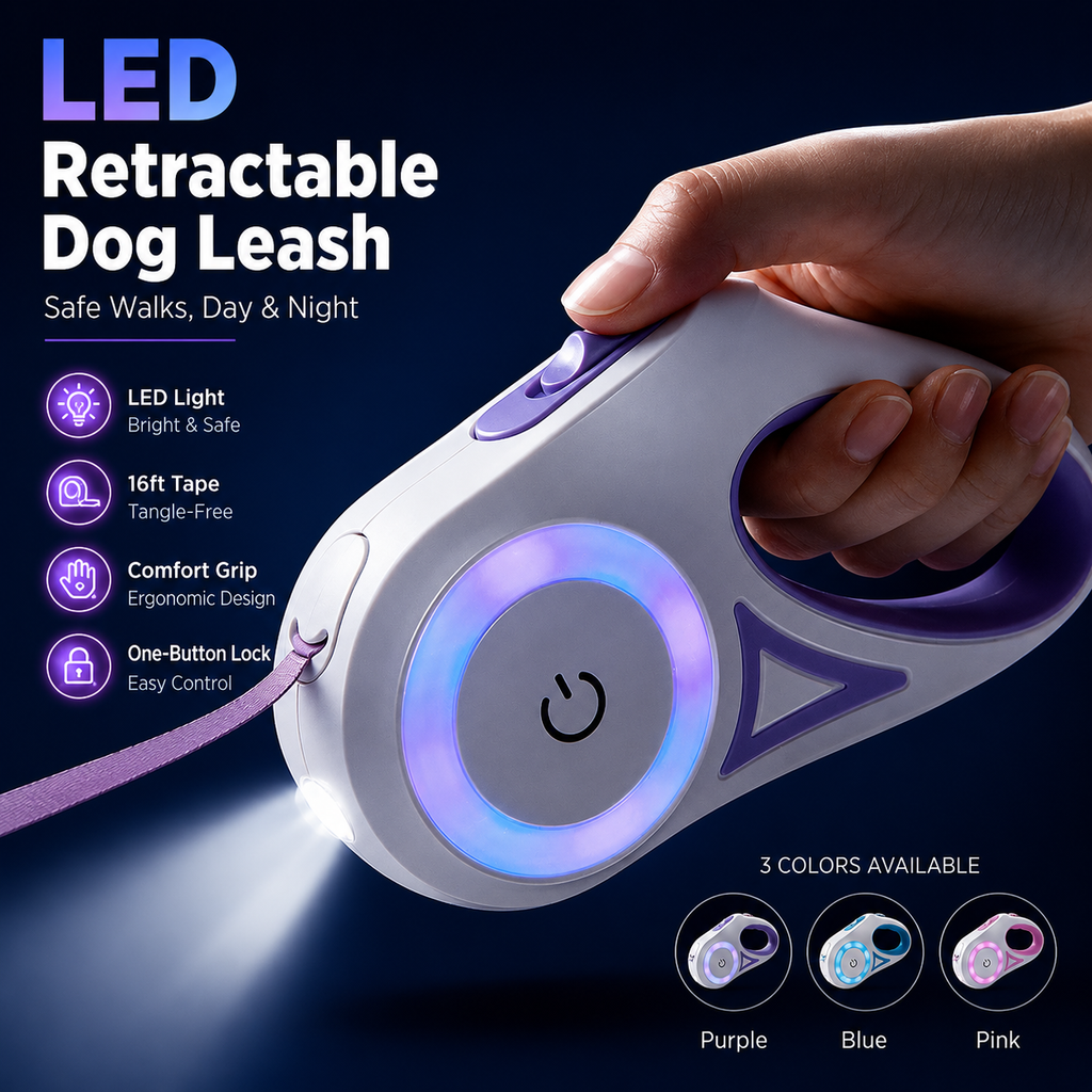 LED retractable dog leash with hand holding it, dark background