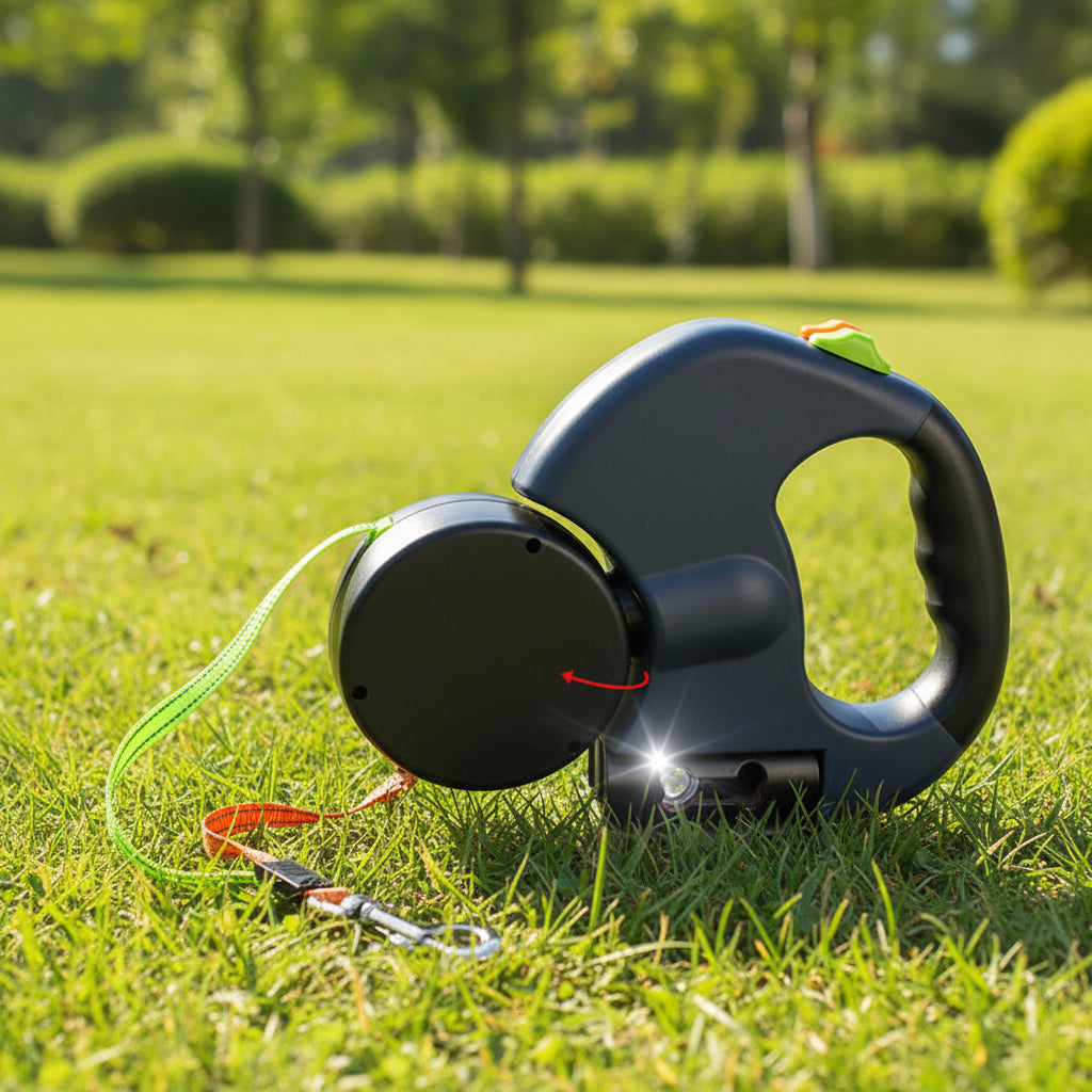 Retractable dog leash with LED flashlight and 360-degree feature, suitable for two dogs.