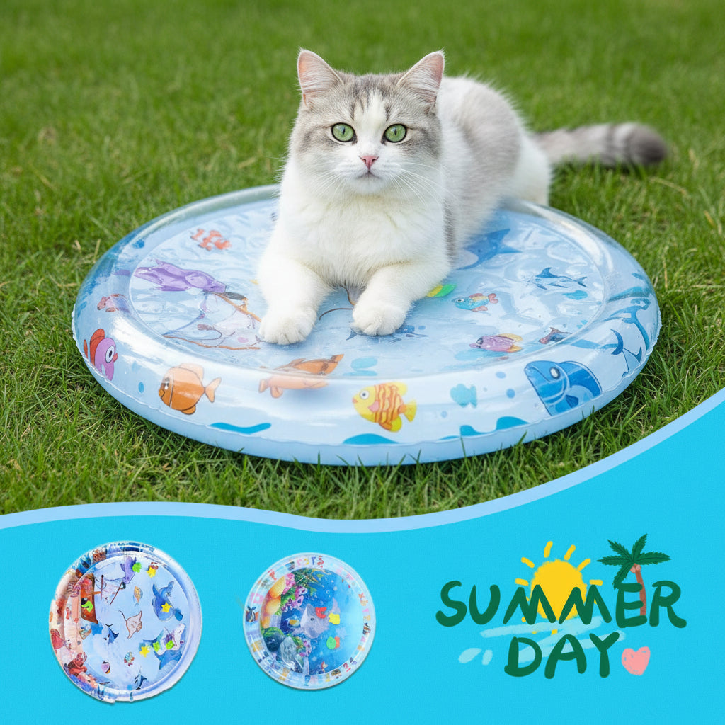 Cat sitting on a inflatable pool with cartoon designs and 'Summer Day' branding.