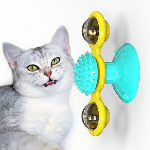 Cat playing with a yellow and teal pet toy on a white background