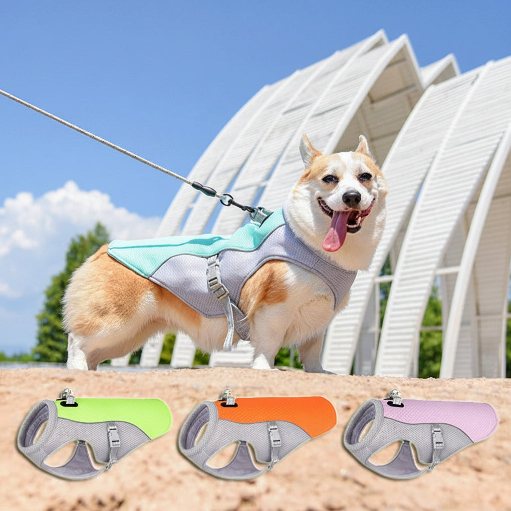 Dog wearing a cooling vest with additional vests displayed below, set against a bright outdoor background.