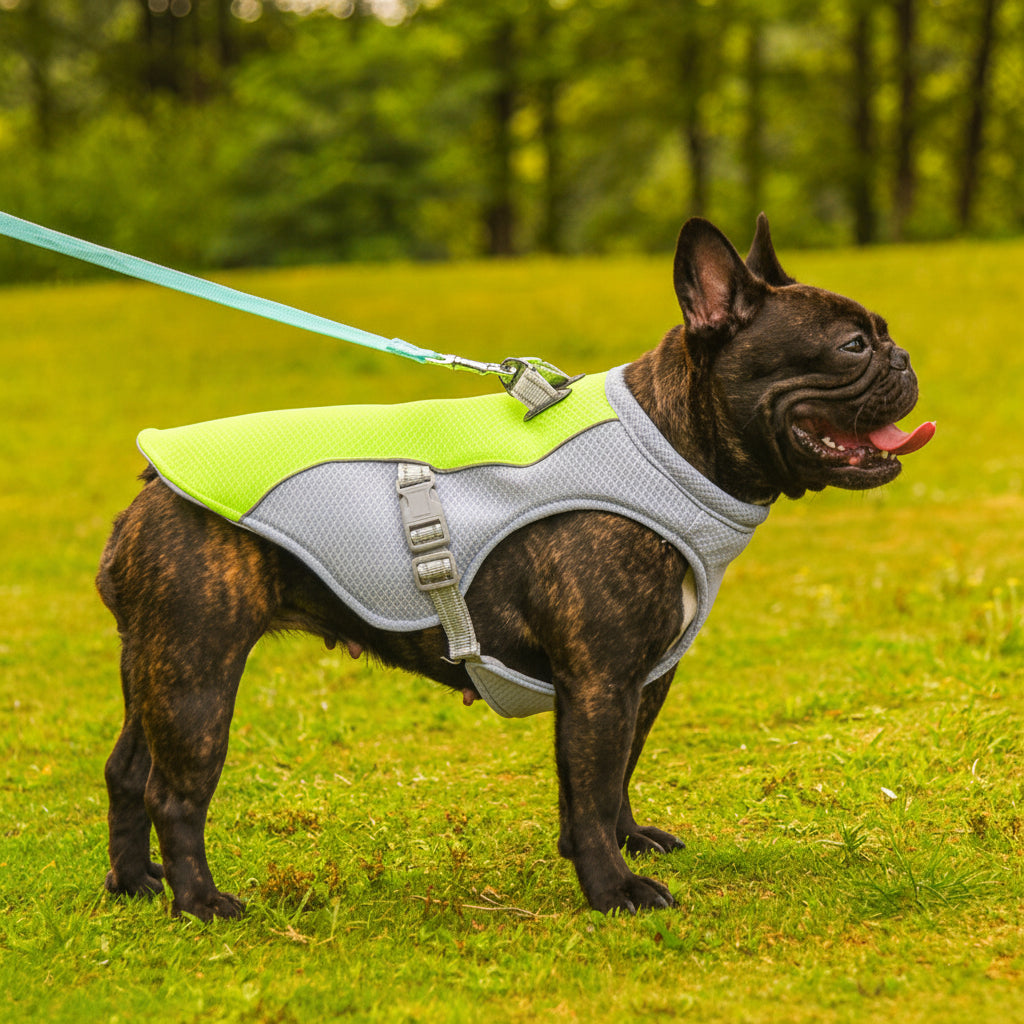 Dog wearing a green and gray harness on a grassy field