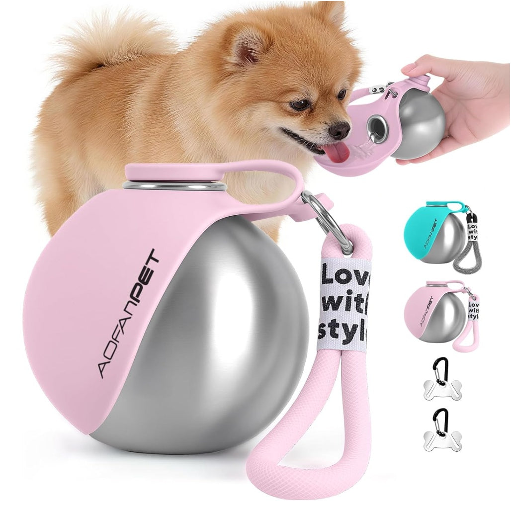 Pink and silver dog muzzle with handle, dog visible in the background