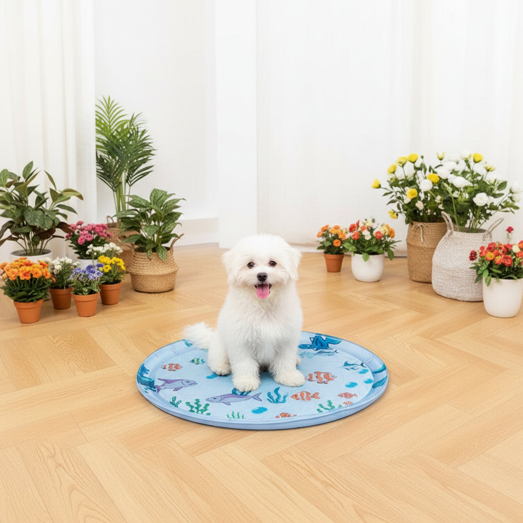 Dog sitting on a pet cooling pad 