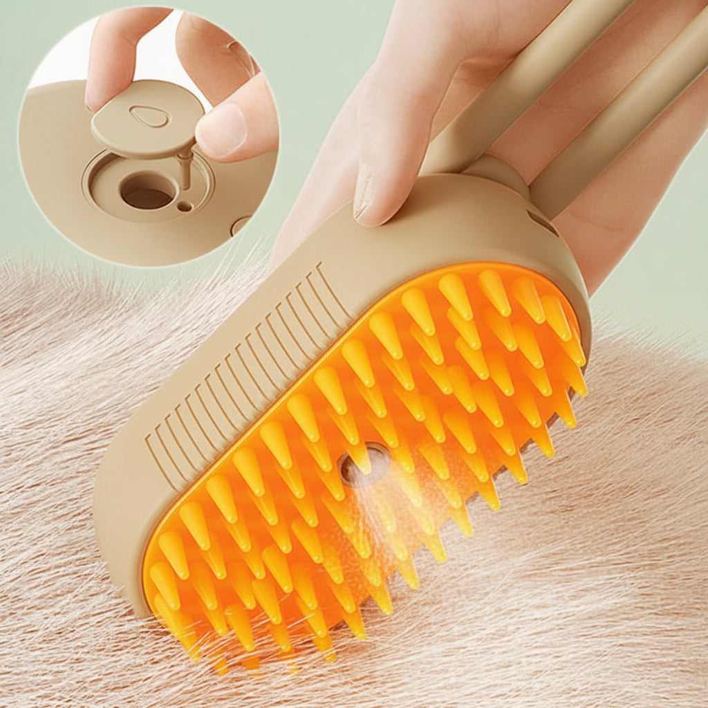 Pet grooming brush with orange bristles being used on a surface, close-up of the brush head.