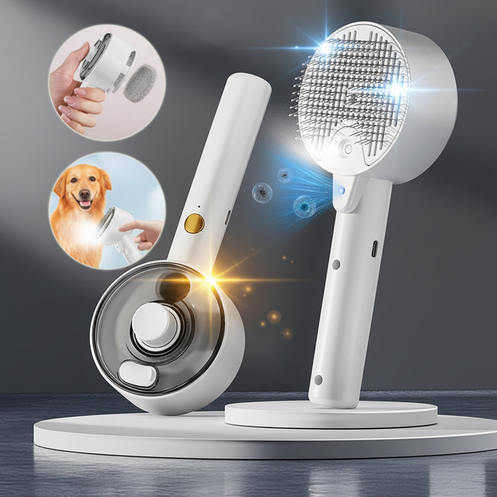 White handheld grooming tool with a brush head on a gray background