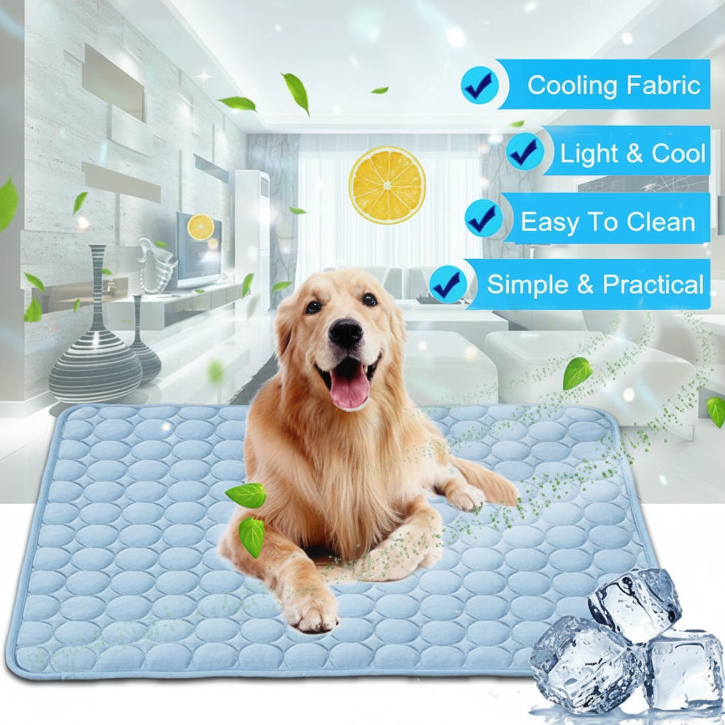 Dog lying on a cooling pad with features highlighted in blue boxes.