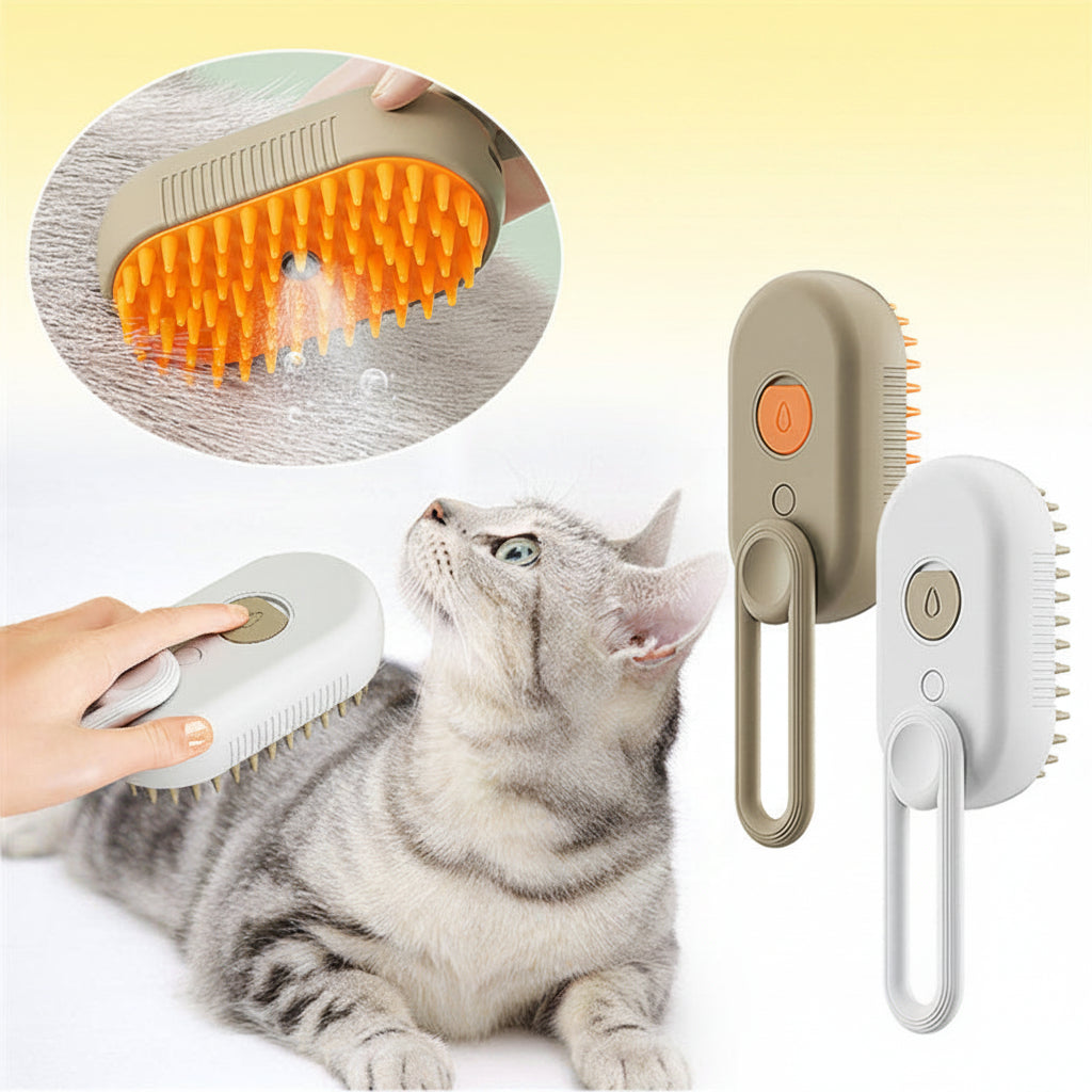 Electric spray massage comb with a cat being groomed, close-up of bristles, and product on a light yellow background.